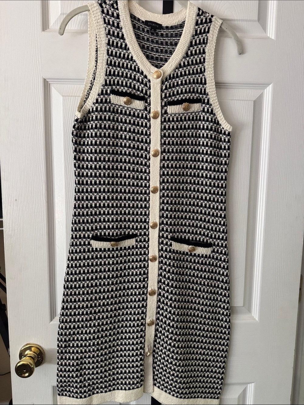 Talbots Black and White Sleeveless Knit Button-Front Dress